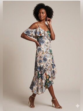 RACHEL Rachel Roy Green & Multi Floral Asymmetrical Cold-Shoulder Dress